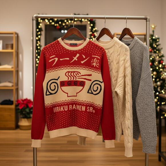 Naruto Ichiraku Ramen Sweater - Red Cream Unisex NWOT Ugly Christmas Style - Picture 4 of 9